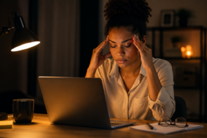 Close-up of a worker recognizing physical signs of office duty burnout.