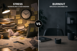 Conceptual image comparing workplace stress and work burnout.