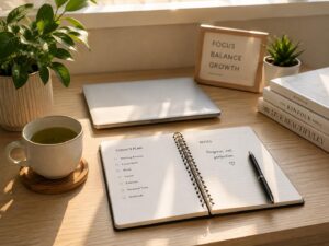 Organized workspace setting up a daily routine to prevent career burnout.